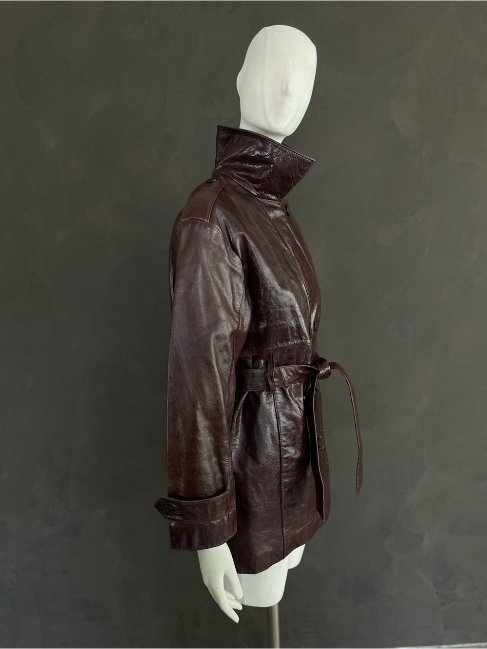 Pelle Studio Brown Leather Belted Trench Coat M Funnel Neck Plaid Lined Y2K